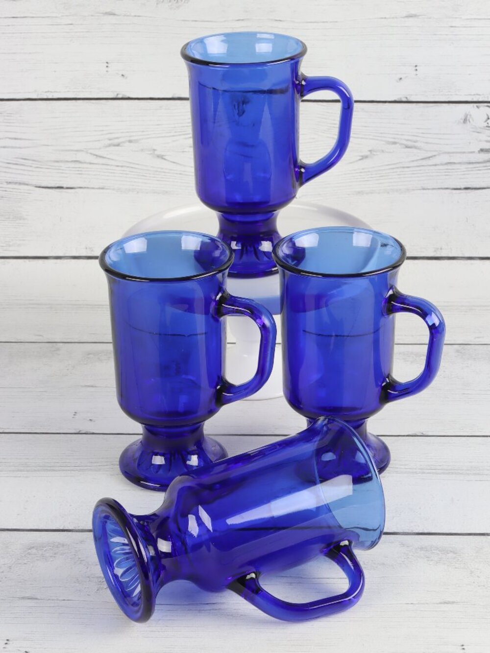 Vintage Anchor Hocking Cobalt Blue Glass Irish Coffee Mugs Footed Pedestal
